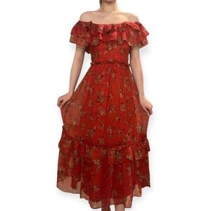 (ZARA) Floral Off-Shoulder Red Dress
